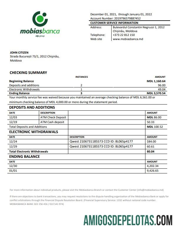 Modelo de extrato bancário em branco da Moldávia Mobiasbanca em formato Word e PDF